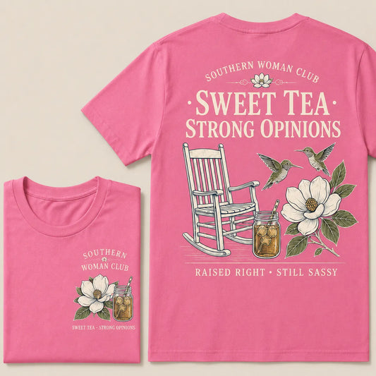Southern Woman Club Sweet Tea Strong Opinions T-Shirt – Vintage Magnolia Graphic Tee For Southern Women
