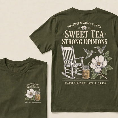 Southern Woman Club Sweet Tea Strong Opinions T-Shirt – Vintage Magnolia Graphic Tee For Southern Women